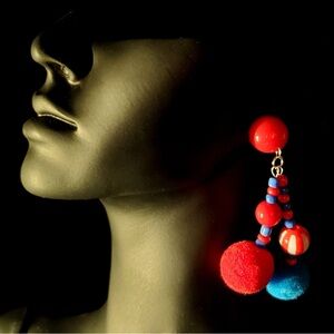 Tribal Red and Blue Flurry Beaded Dangle Silver Earrings
